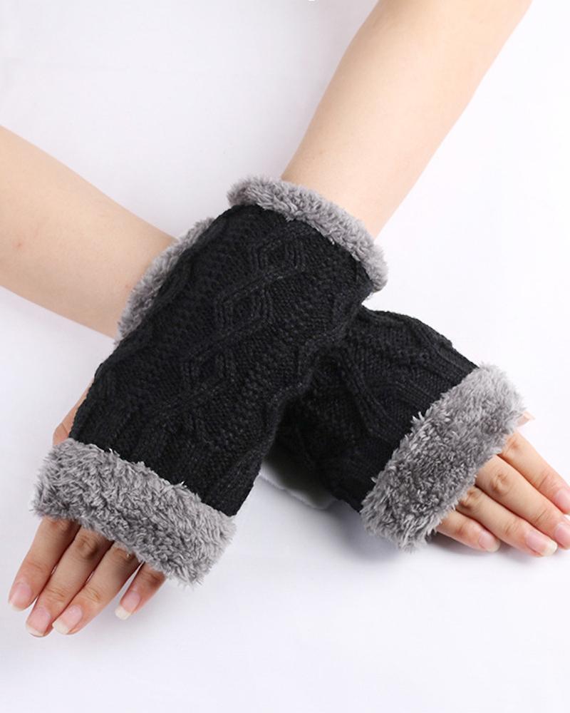 

1Pair Warm Fleece Lined Knit Fingerless Gloves, Black