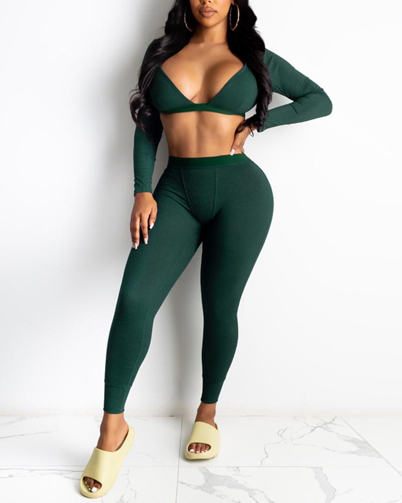 

Ribbed Long Sleeve Backless Crop Top & Skinny Pants Set, Green