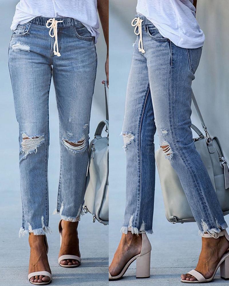 

Drawstring Ripped Raw Hem Skinny Jeans, Lighted blue