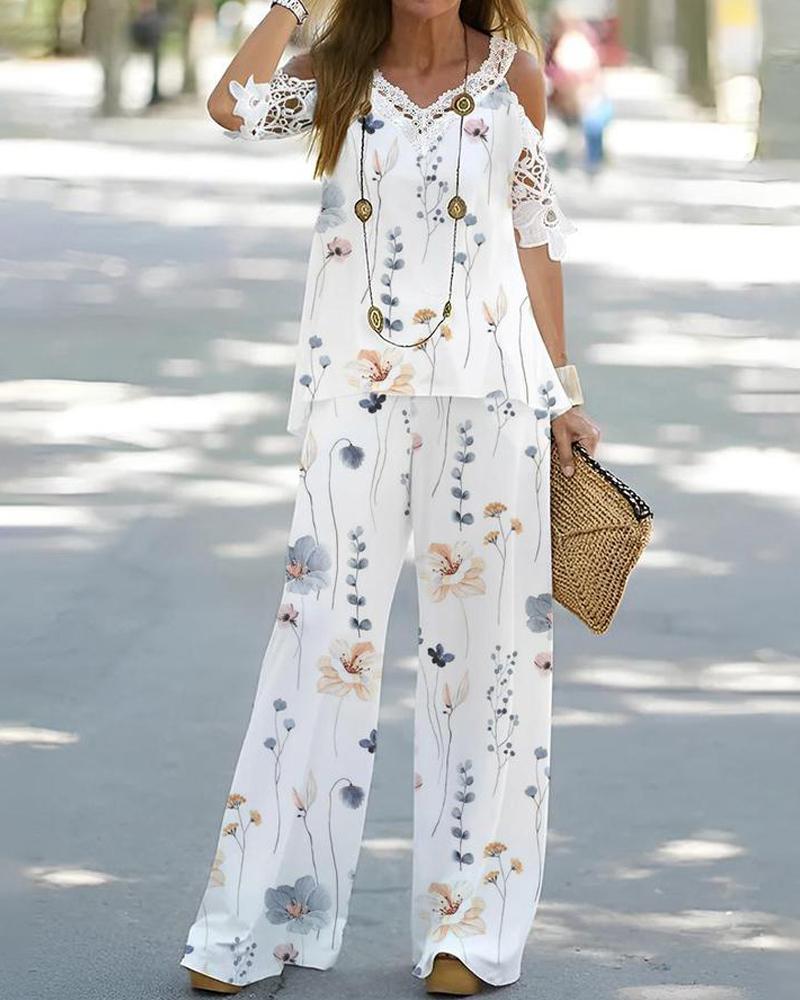 

Floral Print Contrast Lace Cold Shoulder Top & Wide Leg Pants Set, White
