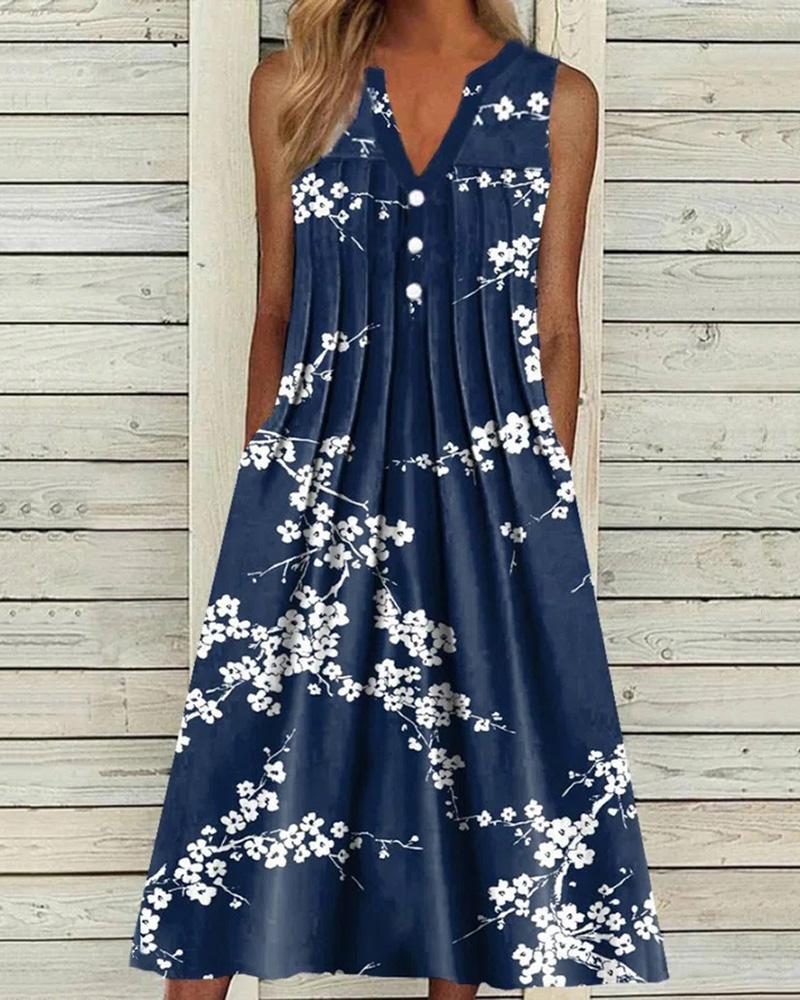 

Pocket Decor Floral Print Swing Dress, Blue