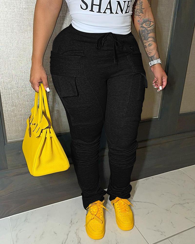 

Drawstring Pocket Design Ruched Pants, Black