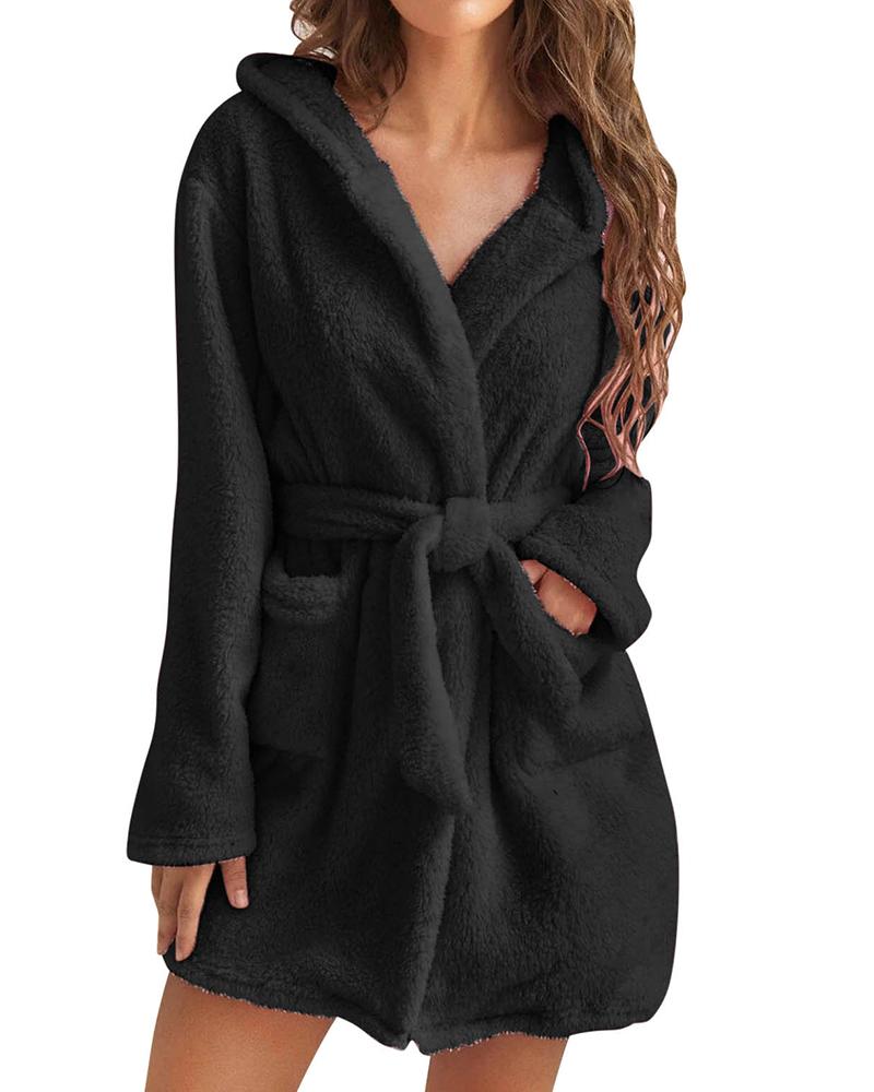 

Pocket Design Tied Detail Fluffy Lounge Robe, Black