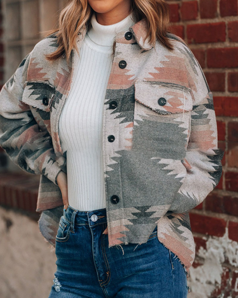 

Geo Print Drop Shoulder Flap Detail Button Down Shacket, Pink