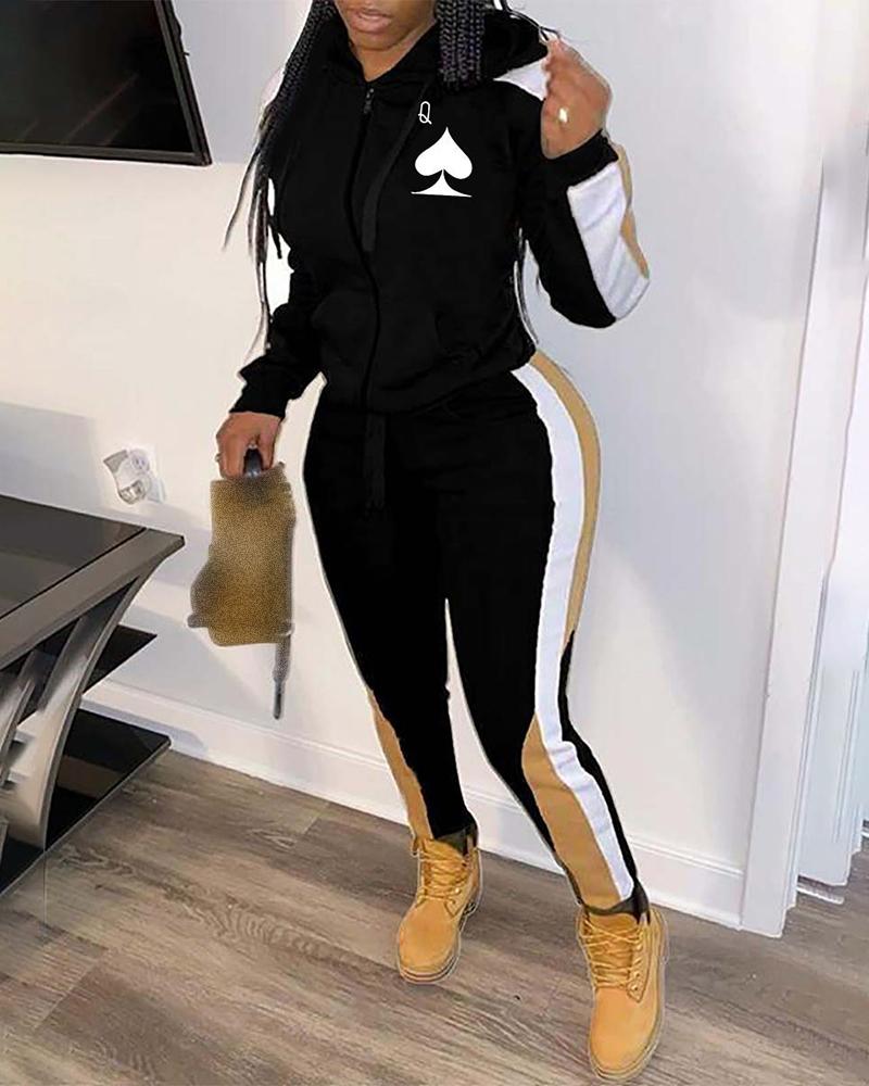 

Poker Print Colorblock Hooded Top & Drawstring Pants Set, Black