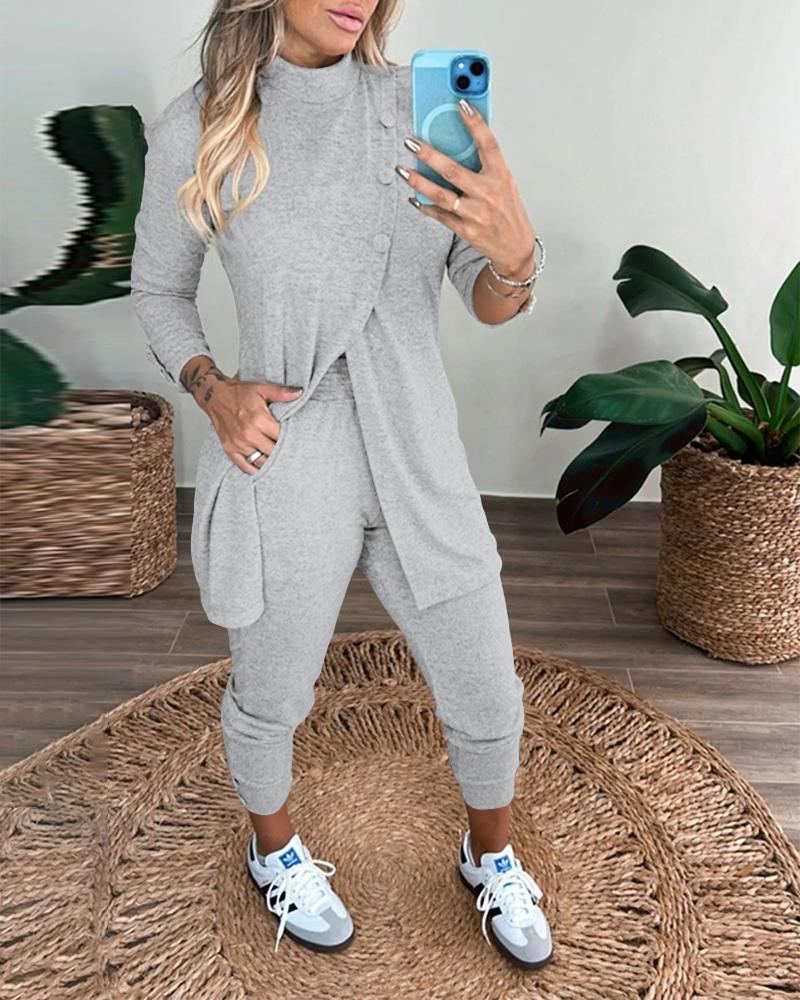 

Mock Neck Slit Top & Pocket Design Cuffed Pants Set, Gray