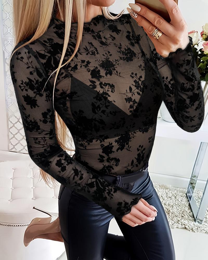 

Floral Print Flocking Mock Neck Long Sleeve T Shirt Casual Sheer Mesh Slim Fit Blouse Top, Black