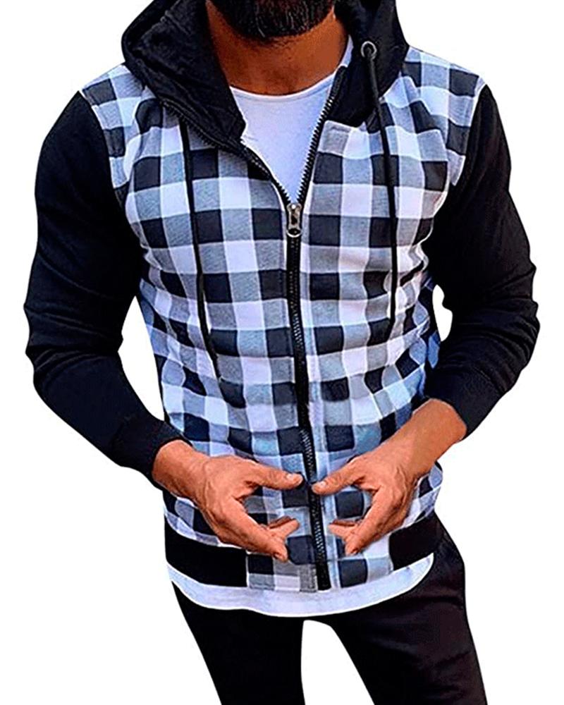 

Casual Plaid Color Block Hooded Coats, White