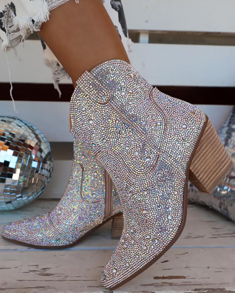 

Rhinestone Decor Zipper Design Boots, Beige