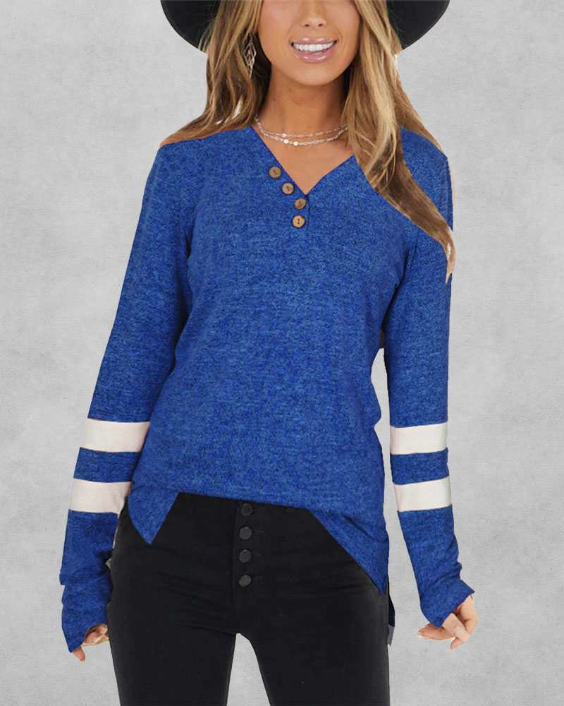 

Colorblock Button Front Split Hem Long Sleeve Top, Blue