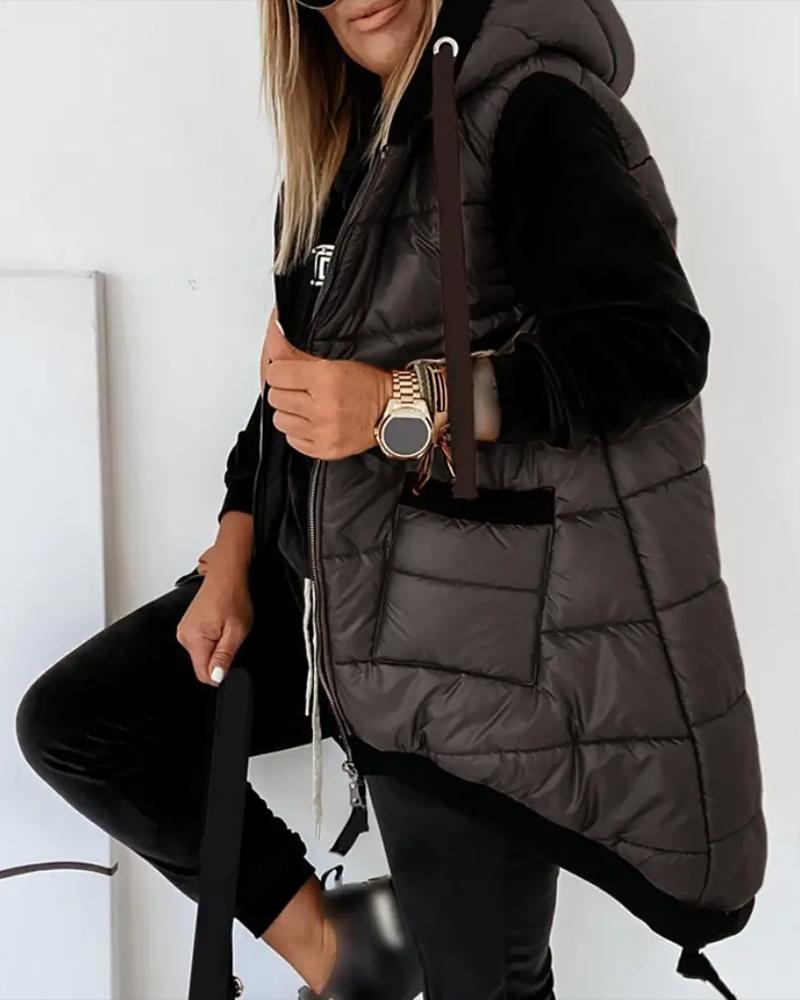 

Zipper Pocket Design Hooded Vest Puffer Coat, Black