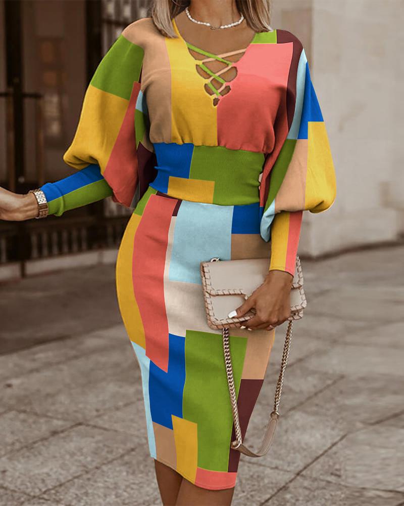 

Geometric Print Lantern Sleeve Midi Dress, Multicolor
