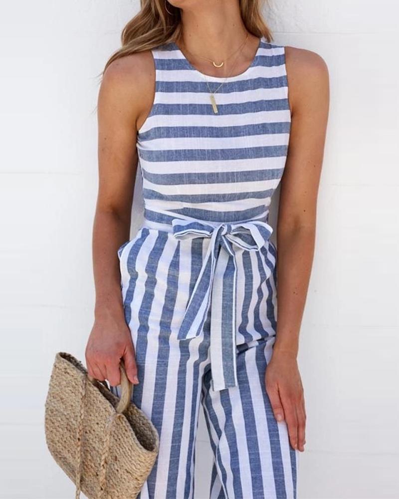 

Striped Tie Waist Jumpsuit, Blue
