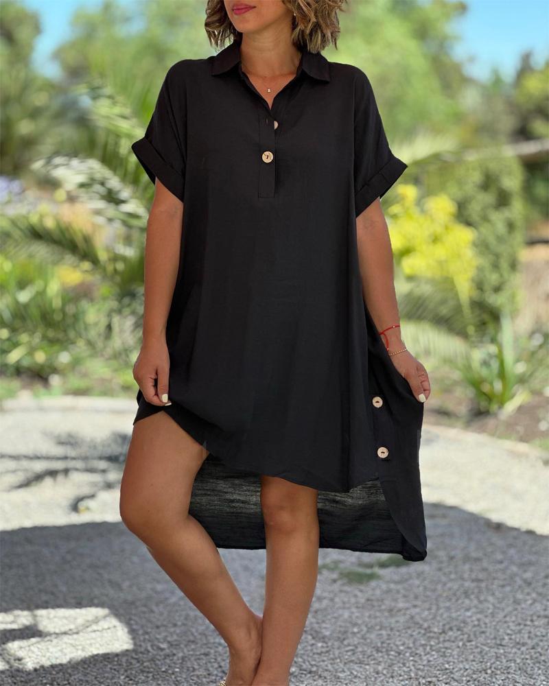 

Button Detail High Low Hem Casual Dress, Black
