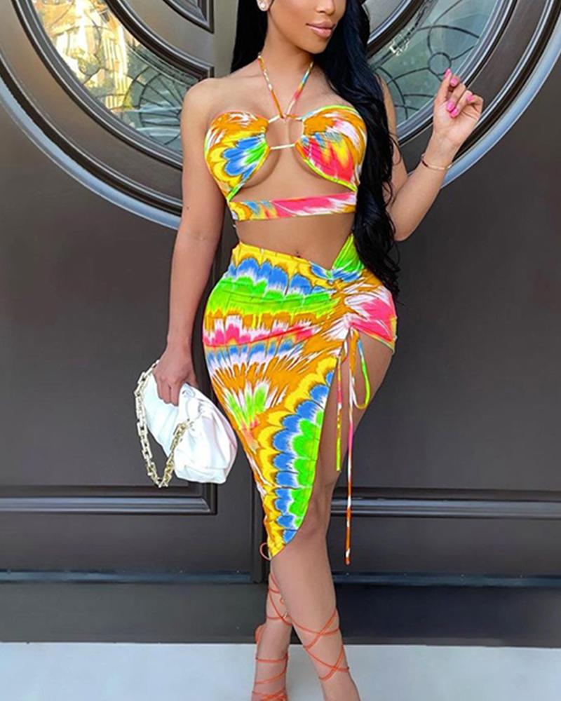 

Tie Dye Print Halter Cut-out Sleeveless Cropped Top With Skirt Skirt Sets, Orange