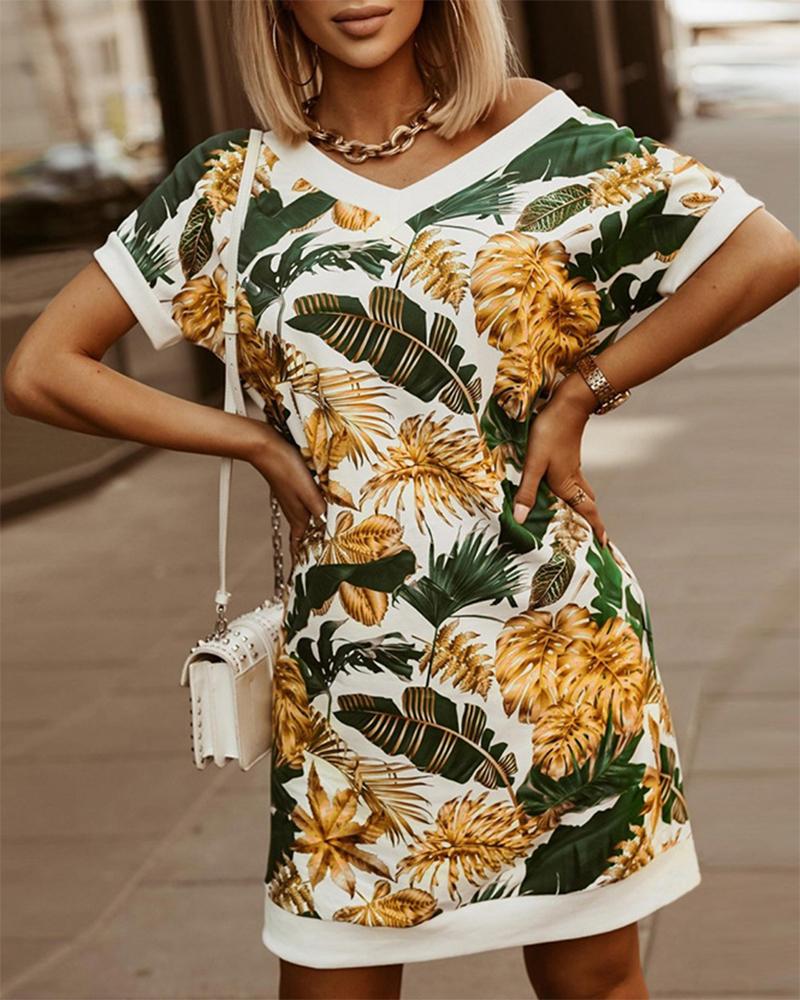 

Tropical Print Short Sleeve Casual Dress, Yellow