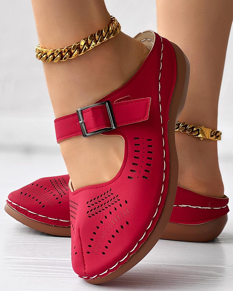 

Hollow Buckled Summer Wedge Sandals, Red