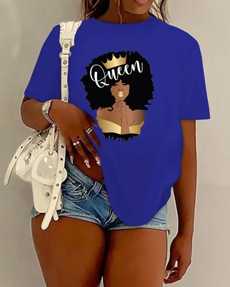 

Plus Size Figure Queen Letter Print Casual T-shirt, Blue