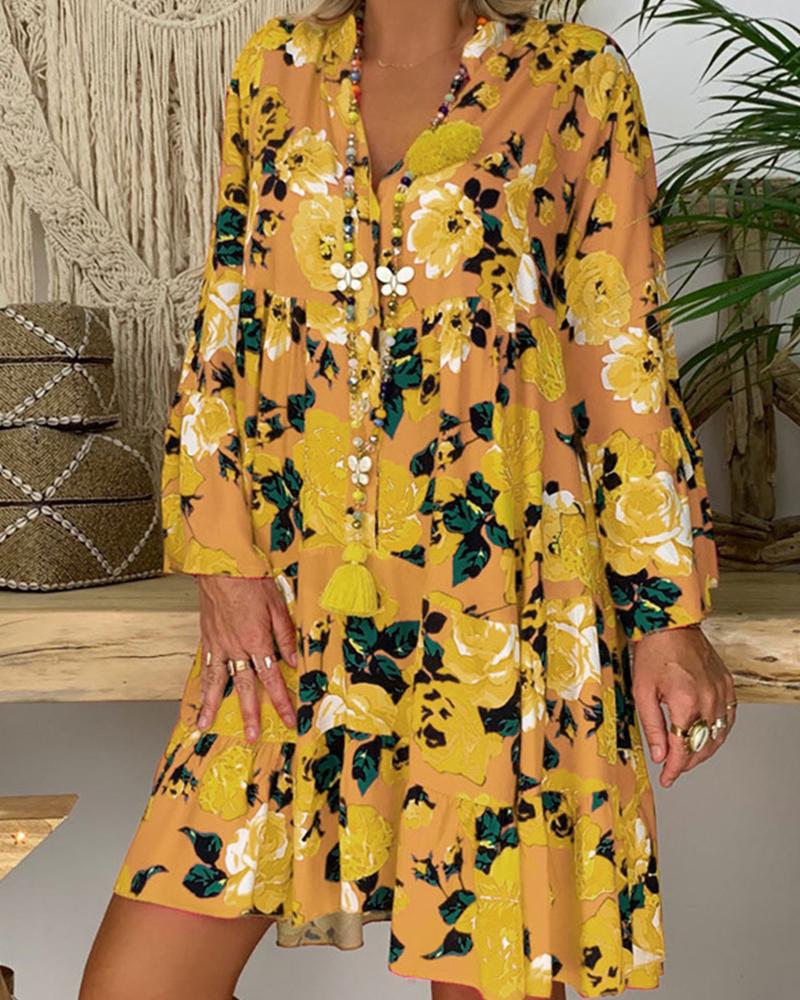 

All Over Print Long Sleeve Ruffle Hem Mini Dress, Style7