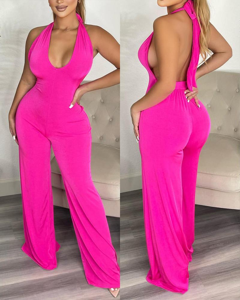 

Halter Backless Tied Detail Sleeveless Jumpsuit, Hot pink