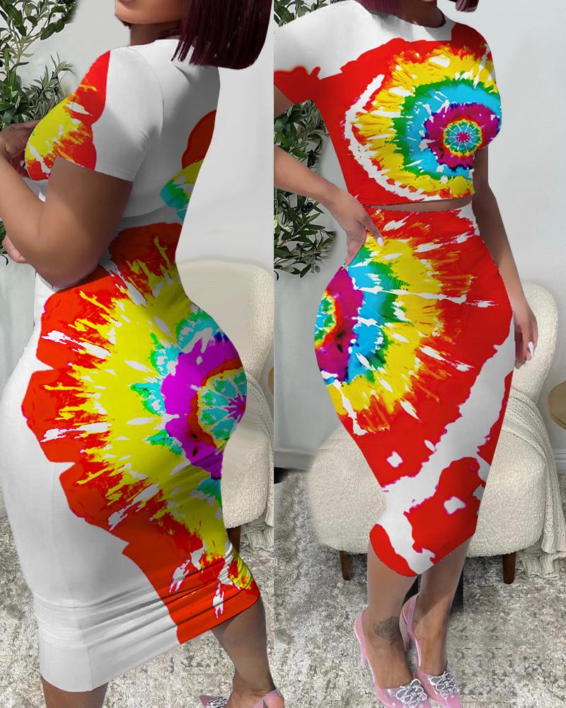 

Tie Dye Print Top & High Waist Skirt Set, Multicolor