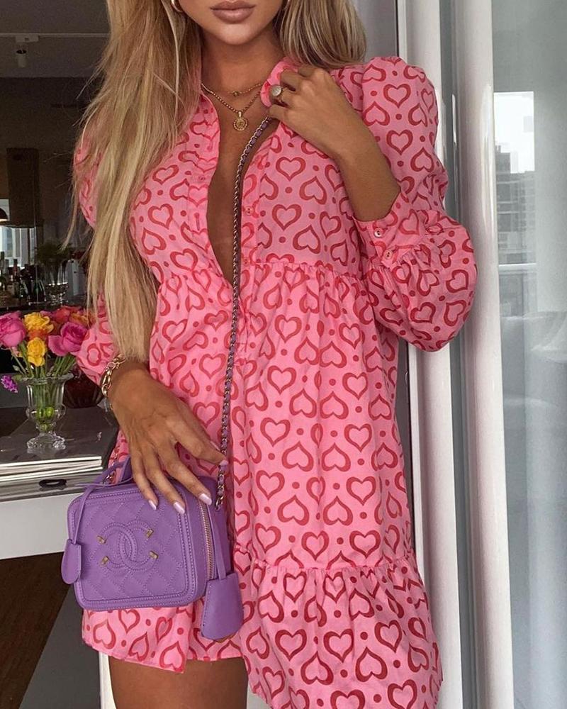 

Puff Lantern Sleeve Heart Print Shirt Dress, Pink