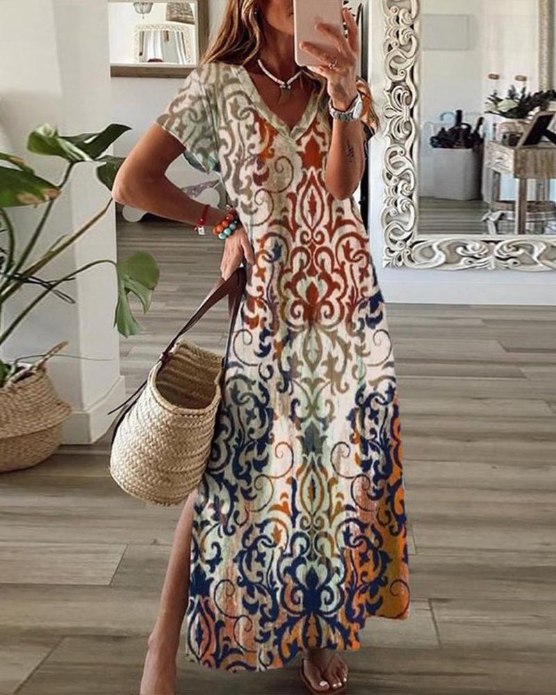 

Tribal Print Slit Hem Maxi Dress, Multicolor