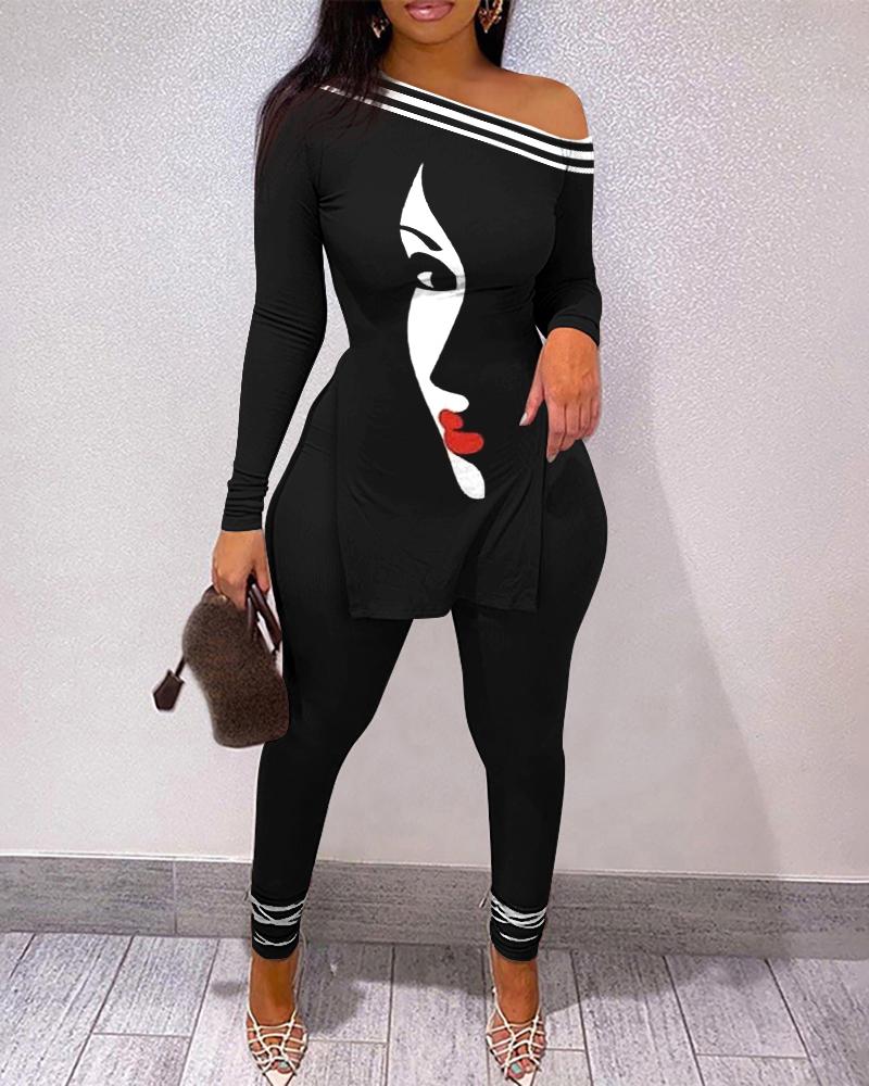 

Figure Print Split Hem Long Sleeve Top & Pants Set, Black