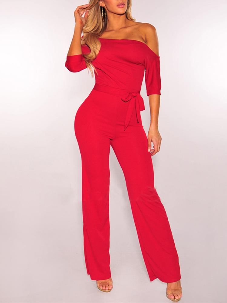 

Off Shoulder Belted Wide Leg Jumpsuit, Red