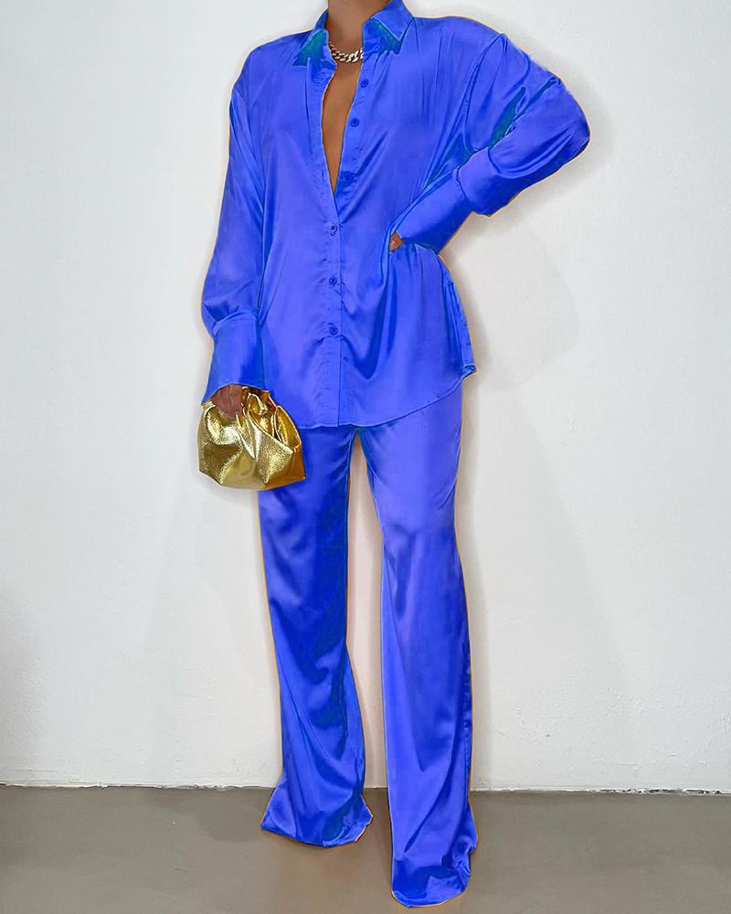 

Satin Buttoned Long Sleeve Shirt & High Waist Pants Set, Blue