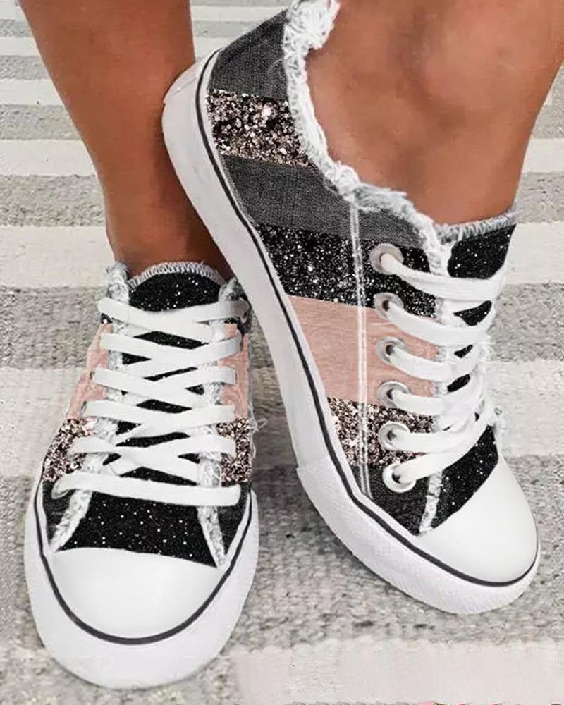 

Valentine's Day Contrast Paneled Ombre Fringe Hem Canvas Sneakers, Pink&gray