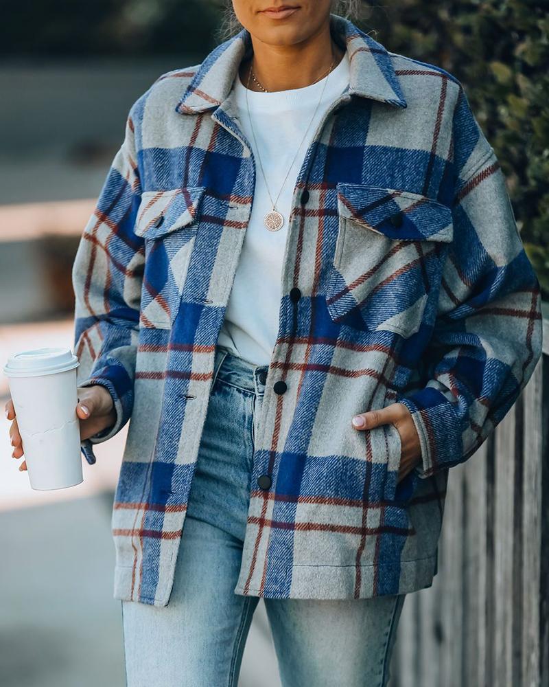 

Plaid Pocket Design Casual Coat, Blue