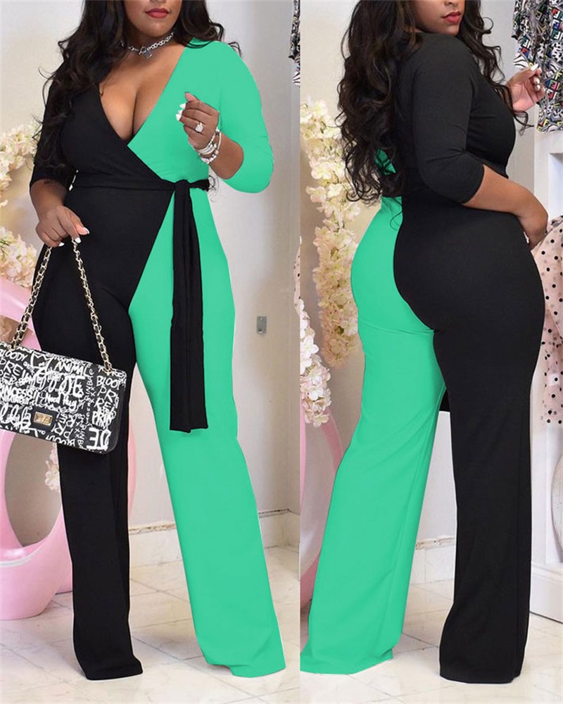 

Plus Size Colorblock Surplice Neck Belted Jumpsuit, Green