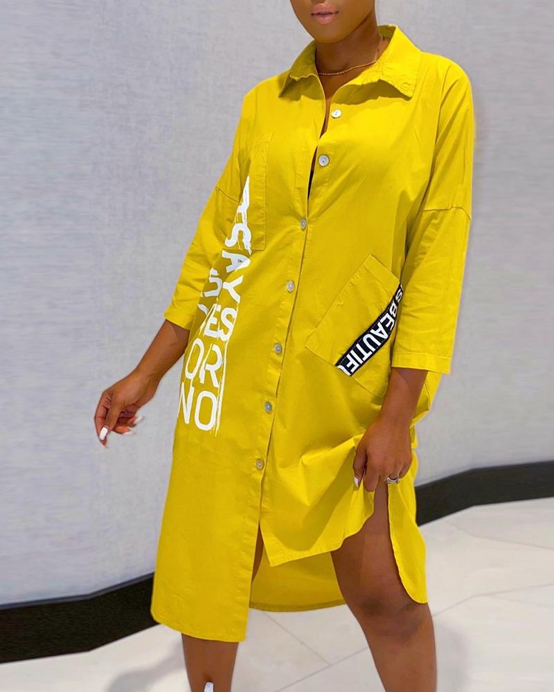 

Letter Print Buttoned Pocket Design Shirt Dress, Yellow