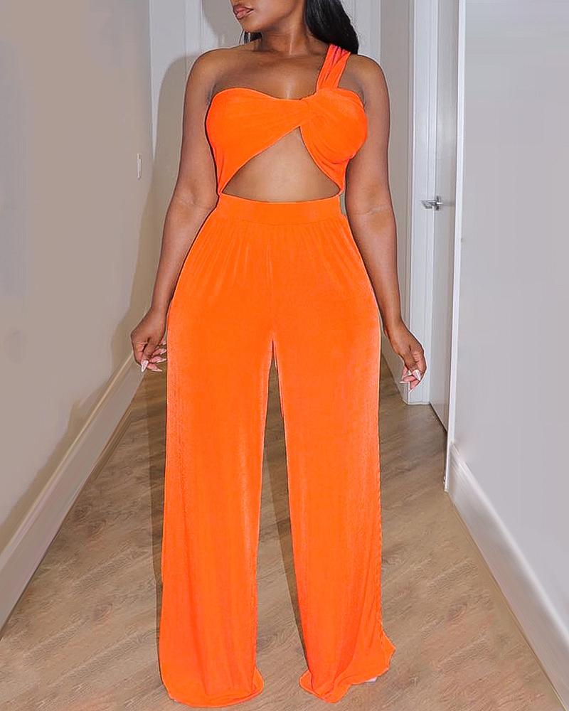 

Asymmetrical Neck Ruched Crop Top & Wide Leg Pants Set, Orange