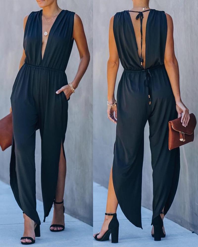 

Plunge Plain High Slit Wide Leg Jumpsuit, Black