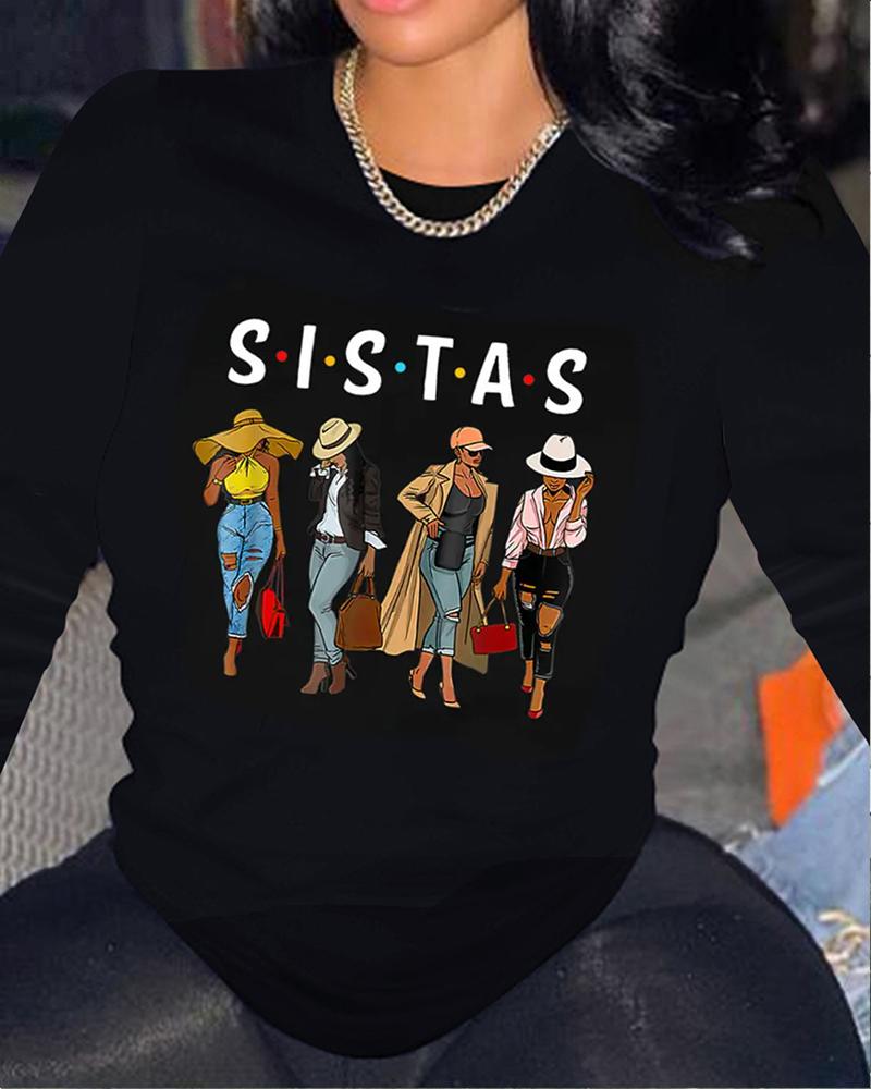 

Plus Size Sistas Cartoon Figure Print Casual Top, Black