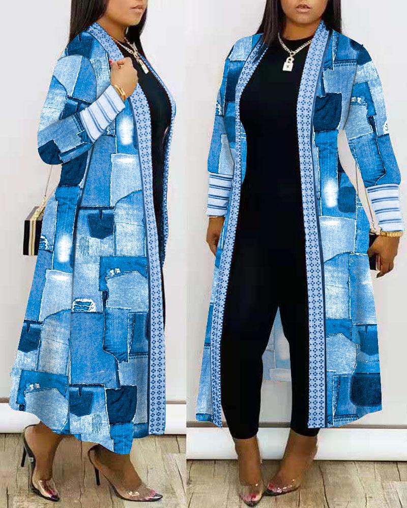 

Plus Size Denim Look Print Open Front Longline Coat, Blue