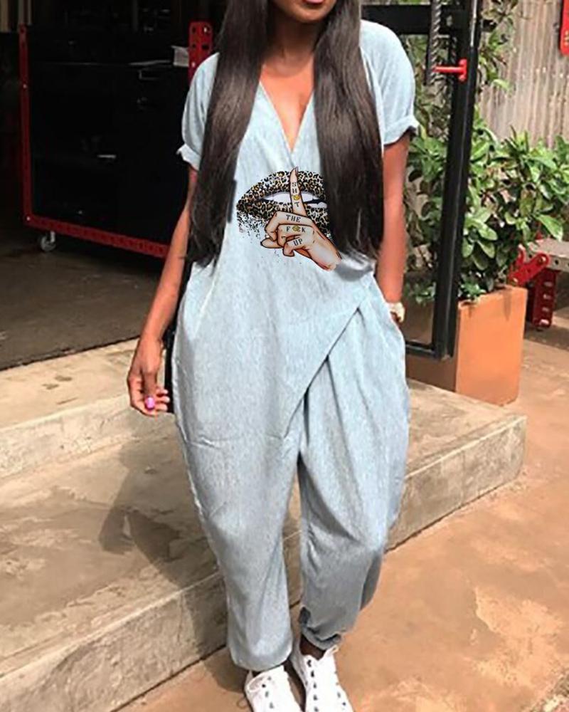 

V-Neck Lip Hand Print Pocket Design Jumpsuit, Gray