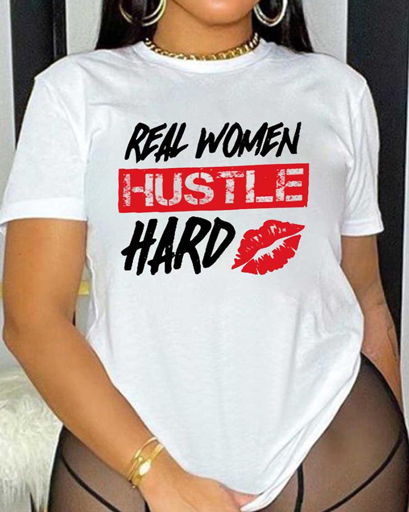

Women's Retro Letter Lip Print Short Sleeve T-shirt, White