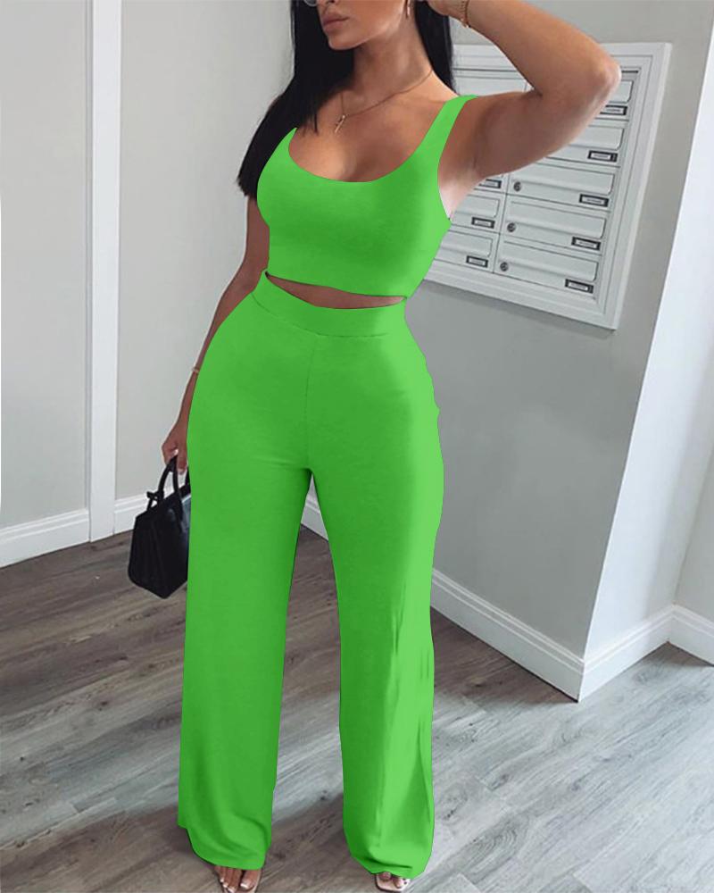 

Crop Tank Top & High Waist Pants Set, Green