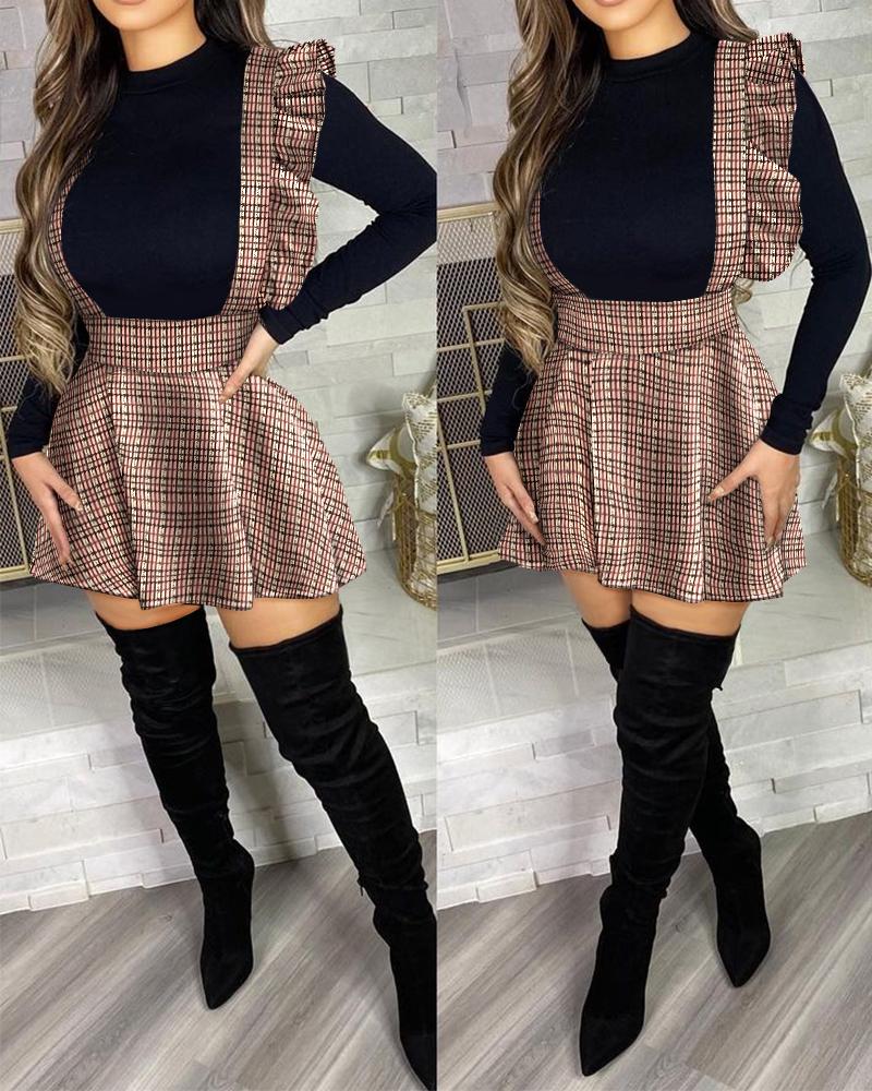 

Long Sleeve Top & Plaid Ruffle Hem Suspender Skirt Set, Multicolor