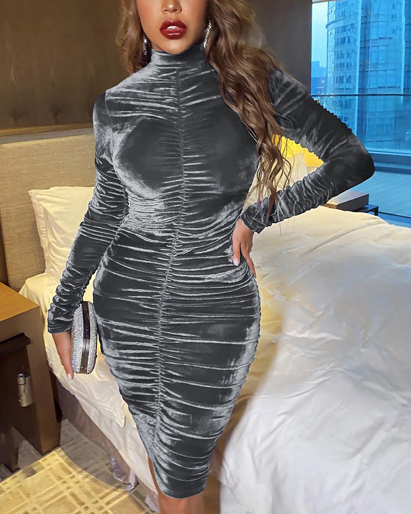 

Velvet Mock Neck Ruched Bodycon Dress, Gray