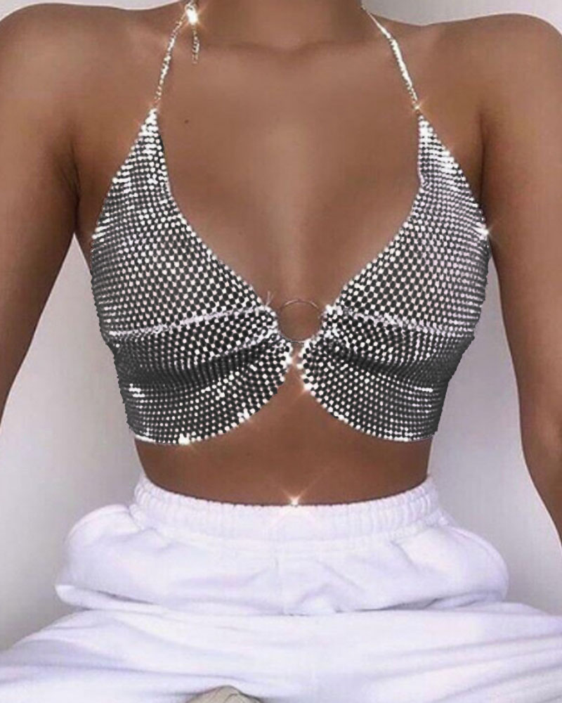 

Halter O-Ring Link Rhinestone Sequin Body Chain Sexy Crop Top, Black