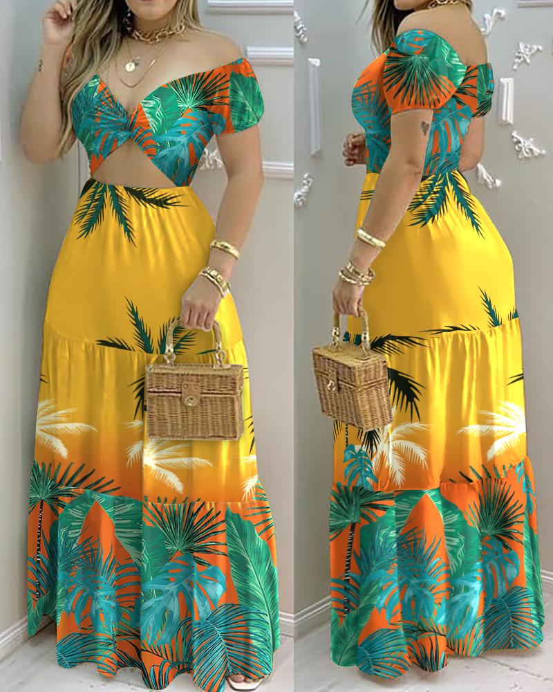 

Tropical Print Off Shoulder Cutout Maxi Dress, Yellow