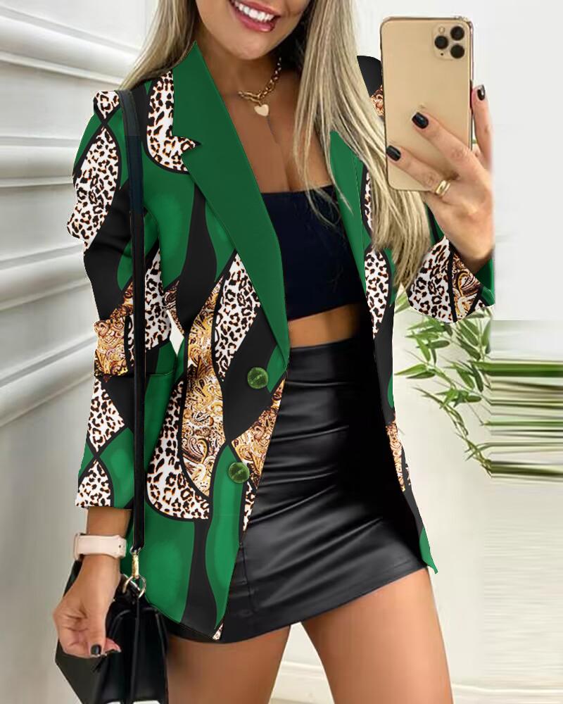 

Baroque Leopard Print Buttoned Blazer Coat, Green