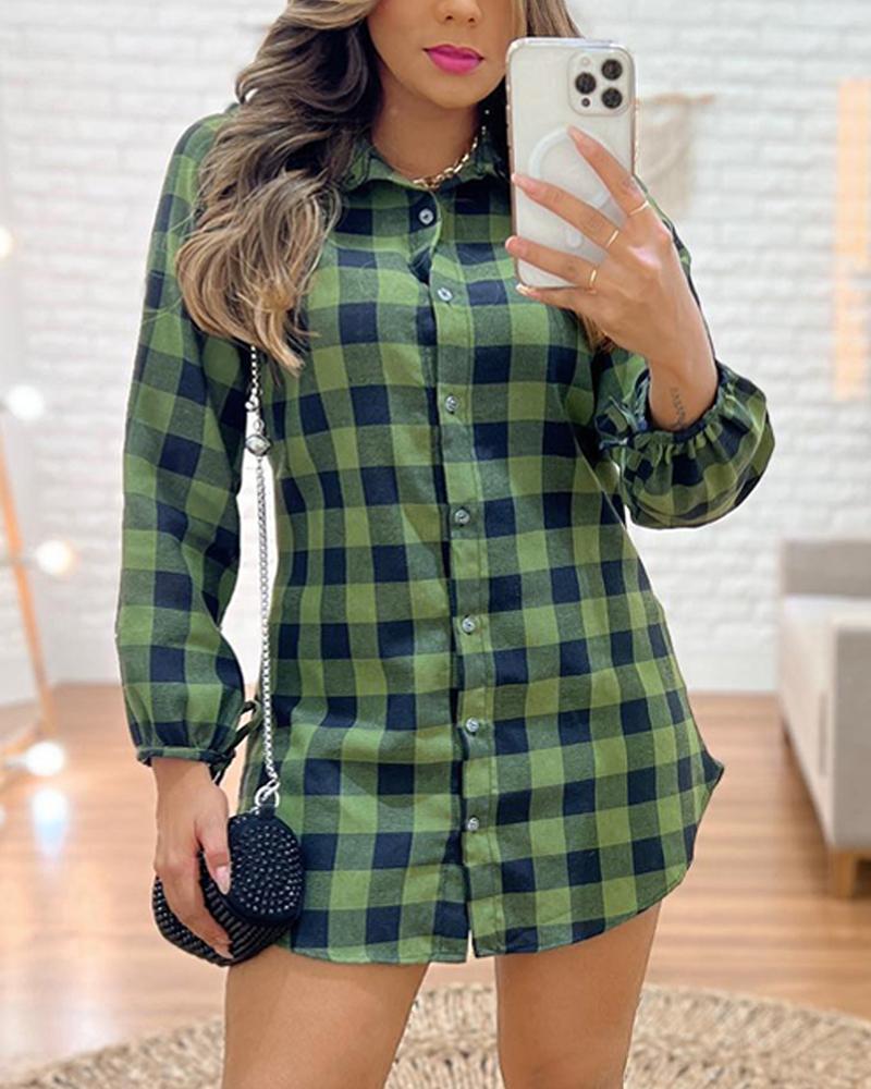 

Plaid Print Long Sleeve Shirt Dress, Green