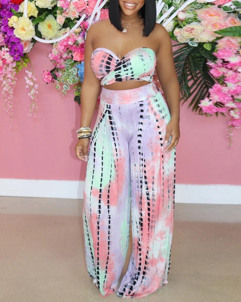 

Tie Dye Print Crop Top & Wide Leg Pants Set, Pink