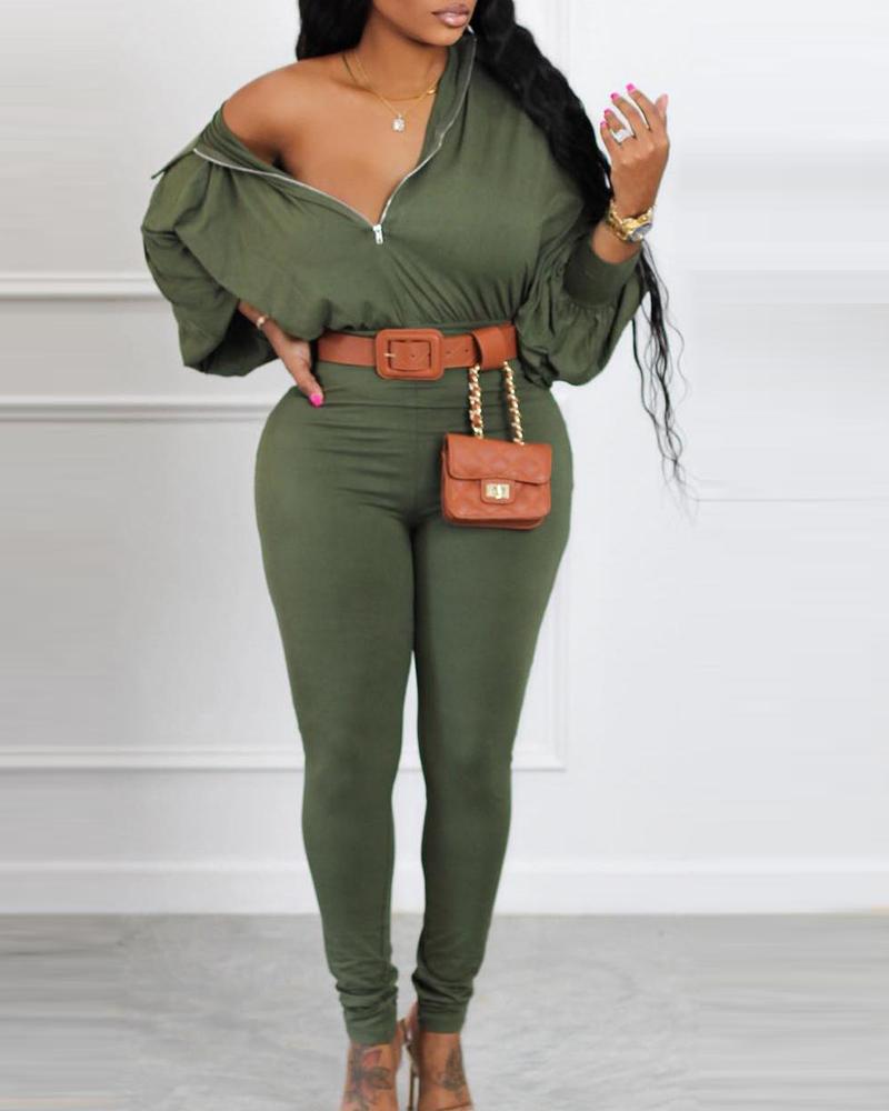 

Lantern Sleeve Zipper Design Top & Pants Set, Green