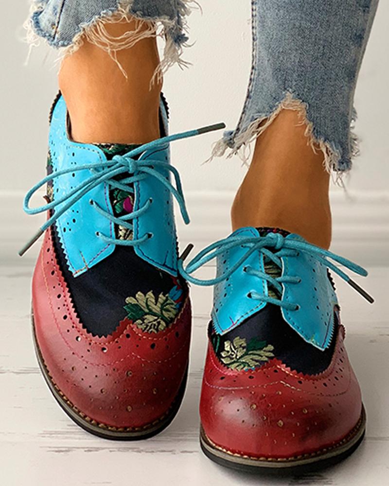 

Floral Embroidery Lace-up Colorblock Oxford Shoes, Multicolor